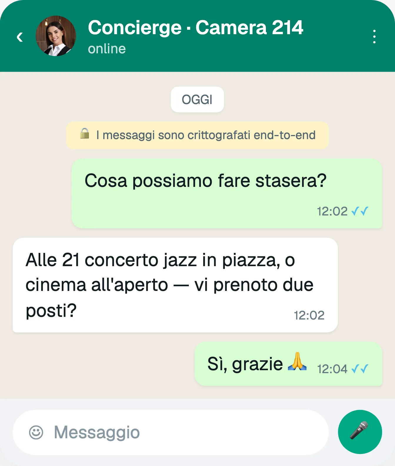 Chat WhatsApp del Concierge con consigli sul territorio nella lingua dell'ospite